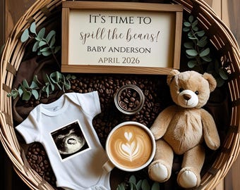 Coffee Pregnancy Announcement Digital, Editable Canva Template, Spill the Beans Social Media Baby Reveal, Coffee Lovers Baby Announcement
