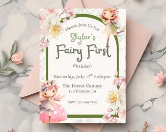 Fairy First Birthday Invitation, Fairy Garden Party Digital Invite, First Birthday Girl Invitation, Editable Canva Template