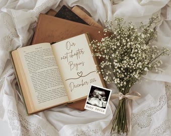 Buch Schwangerschaftsankündigung Digital, unser nächstes Kapitel Social Media Baby Reveal, Storybook Babyankündigung, bearbeitbare Canva Vorlage