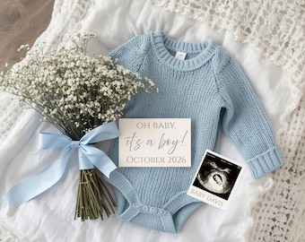 Jungen-Babymitteilung, digitale Schwangerschaft zeigen, bearbeitbare Canva-Vorlage, Es ist eine Jungen-Baby-Enthüllung, Social-Media-Ankündigung