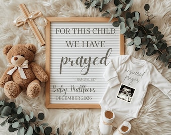 Christliche Schwangerschaftsankündigung Digitale, religiöse Social Media Baby Reveal, Wir haben gebetet Babymitteilung, bearbeitbare Canva Vorlage