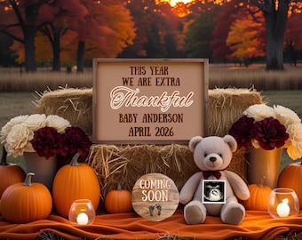 Thanksgiving Pregnancy Announcement, Baby Announcement, Digital Download, Editable Template, Neutral Social Media Reveal, Extra Thankful