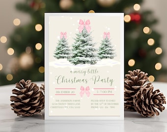 Christmas Party Invitation, Editable Pink Bow Digital Invite, Christmas Tree Printable, Instant Download