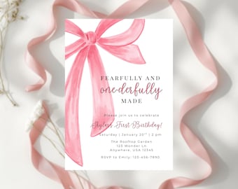 Fearfully and ONE-derfully Made Birthday Invitation, Editable Pink Bow 1st Birthday Canva Template, Digital Download Invite