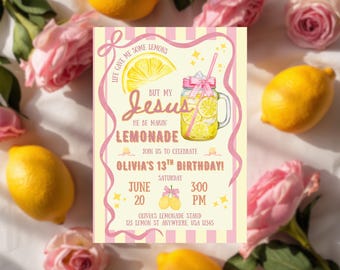 Jesus Lemonade Birthday Invitation Template Pink Lemon Theme Birthday Party Invite Christian Girl Birthday Editable Digital Invite