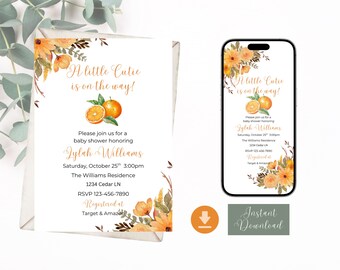 Invitación para baby shower "Little Cute", digital, editable, con naranjas, imprimible, descarga instantánea.