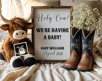 Western Pregnancy Announcement: Highland Cow Social Media Digital Baby Reveal, Editable Pregnancy Template, Instant Download, Holy Cow!