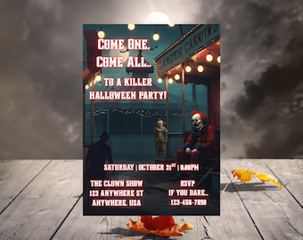 Creepy Clowns Halloween Party Invitation: Editable Halloween Digital Invite, Scary Carnival, Instant Download