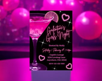 Galentine’s Day Party Invitation, Pink Cocktail Girls Night Digital Invite, Editable Canva Template, Pink Glitter Party