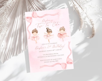 May include: A pink invitation with watercolor illustrations of three ballerinas in pink tutus. The text reads "Daphne is Two-Tu Cute" and invites guests to a 2nd birthday party. Includes event details and RSVP information.