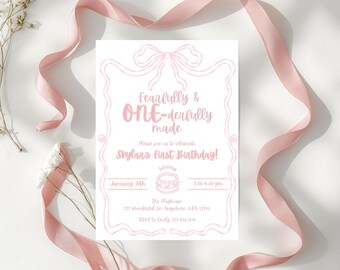 Fearfully and One-derfully Made Birthday Invitation, Editable Pink Bow 1st Birthday Canva Template, Digital Download Invite