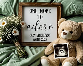 One More to Adore Pregnancy Announcement Digital, Neutral Social Media Baby Reveal, Teddy Bear Baby Announcement, Editable Canva Template