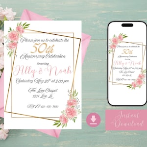 Wedding Anniversary Invitation, Editable 50th Anniversary Invite, 10th 15th 20th 25th, Floral Anniversary Digital Invitation, Printable