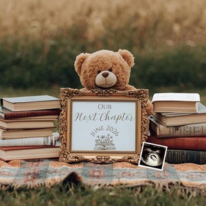 Pode incluir: Um urso de pelúcia marrom está posicionado atrás de uma placa emoldurada que diz "Our Next Chapter June 2026". Pilhas de livros estão em ambos os lados da placa, e uma imagem de ultrassom está na frente. A cena é montada em um cobertor estampado ao ar livre.