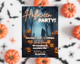 May include: Halloween party invitation with a spooky forest scene, glowing jack-o'-lanterns, and a ghostly figure. The invitation includes the text "Halloween PARTY!" and event details: Saturday, October 31st, 8:00pm, at The Ghouls Graveyard.