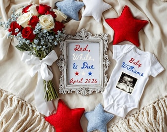Red White and Due Pregnancy Announcement Digital, Patriotic Social Media Reveal, Summer Baby Announcement, 4th of July, Editable Template
