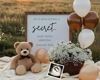 Teddy Bear Pregnancy Announcement: Neutral Social Media Digital Reveal, Editable Pregnancy Template, Instant Download, Keeping a Secret