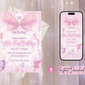 Fairy First Birthday Invitation, Editable Girl 1st Birthday Invite, Enchanted Garden  Template, Whimsical Fairy Digital Invite, Printable