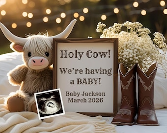 Western Pregnancy Announcement: Highland Cow Social Media Digital Reveal, Editable Pregnancy Template, Instant Download, Holy Cow!