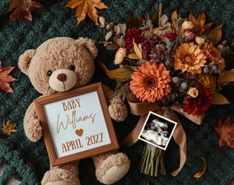 Fall Pregnancy Announcement Digital, Baby Announcement, Editable Template, Neutral Social Media Baby Reveal, Teddy Bear Fall Leaves