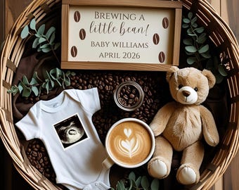 Kaffee-Schwangerschaftsankündigung: Brauen einer kleinen Bohne, bearbeitbare Schwangerschaftsvorlage, Social Media Digital Reveal
