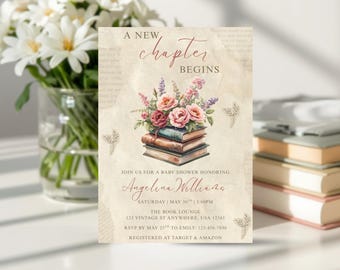 Buchthema-Babypartyeinladung, Storybook-Babyparty-Digital-Einladung, Vintage-Bücher und Blumen, ein neues Kapitel beginnt, bearbeitbare Vorlage