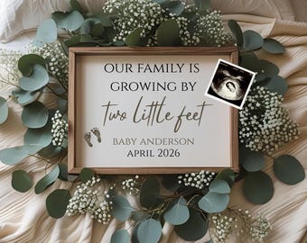 Eucalyptus Pregnancy Announcement: Two Little Feet, Editable Pregnancy Template, Social Media Digital Baby Reveal, Instant Download