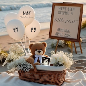 Beach Pregnancy Announcement: Teddy Bear Reveal, Editable Template (Digital Download