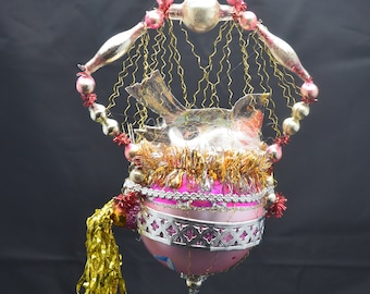 Vintage Christmas Ornament with Dresden Trims, Victorian Die Cuts and  Mercury Glass Beads