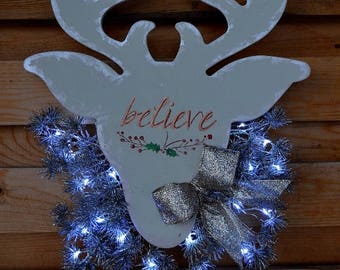 Christmas Wooden Reindeer Wreath with Sparkly Bow and Lights