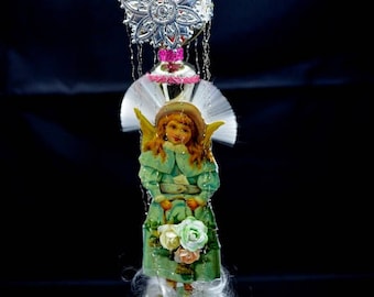 Vintage decor for Large Vintage Ornament with Dresden Trims, Victorian Die Cuts and  Mercury Glass Beads