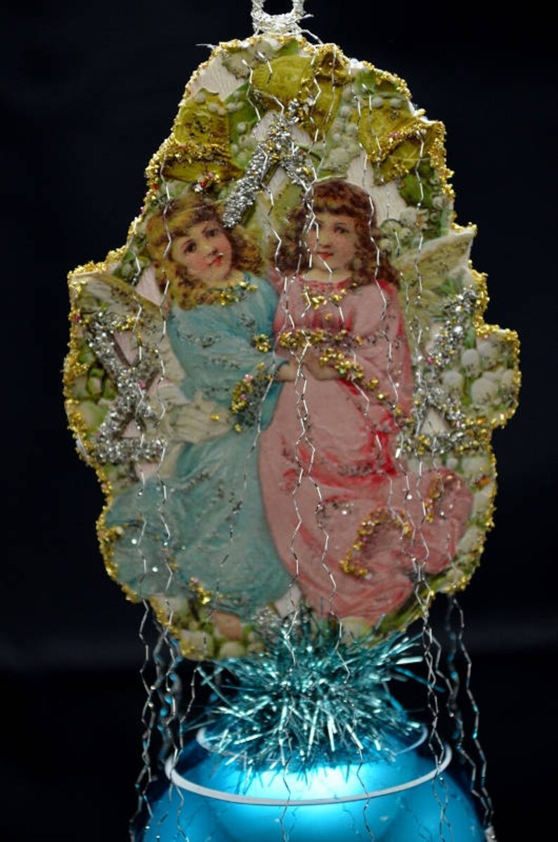 Vintage Christmas Ornament With Dresden Trims, Victorian Die Cuts and