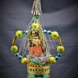 Vintage Christmas Ornament with Dresden Trims, Victorian Die Cuts and  Mercury Glass Beads