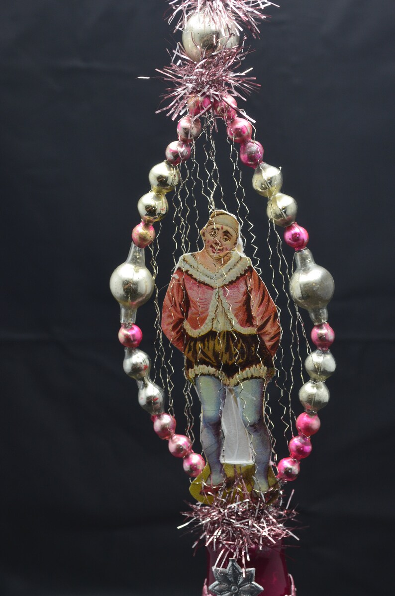 Vintage Christmas Ornament With Dresden Trims, Victorian Die Cuts and