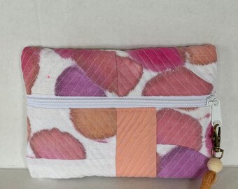 Quilted Envelope Zipper Pouch: made with hand painted fabric, patched work and quilted pouch with a tassel zipper pull