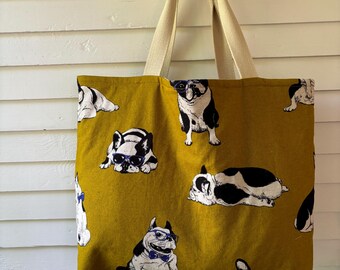 Fun Tote with beautiful Japanese canvas fabric with French bulldog&#39;s. The lining is made with quilted fabric and cotton webbing handles