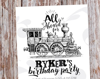 Vintage Train Birthday Party Invitation | Steam Engine Birthday Invite | All Aboard Party Invite | Locomotive B-day Party | Digital File