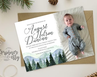 Forest LDS Baby Blessing Uitnodiging | Aquarel Baby Boy Doop Uitnodiging | Woodsy Kinderdoop aankondiging met foto | Digitaal bestand