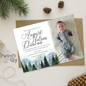 Forest LDS Baby Blessing Uitnodiging | Aquarel Baby Boy Doop Uitnodiging | Woodsy Kinderdoop aankondiging met foto | Digitaal bestand