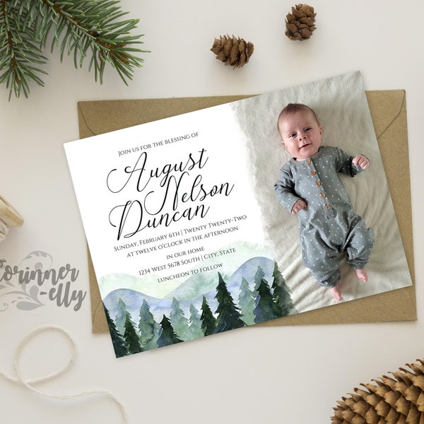 Forest LDS Baby Blessing Invitation | Watercolor Baby Boy Christening Invite | Woodsy Infant Baptism Announcement with Photo | Digital File