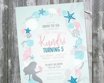 Mermaid Birthday Invitation | Under the Sea Shells Party Invite | Ocean Girl B-day Invite | Starfish Birthday Invitation | Digital File