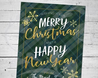 Green Plaid Christmas Card | Tartan Holiday Card | Gold Snow Greeting Card | Christmas & New Year Holiday Greeting | Printable Digital File