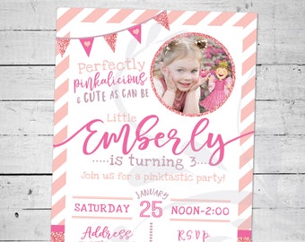 May include: A pink and white birthday party invitation featuring a photo of a young girl. The invitation reads "Perfectly pinkalicious & cute as can be Little Emberly... is turning 3... Join us for a pinktastic party!" The date is 25th January, from noon to 2:00 pm. The address is 1234 North 5678 West, City, State. RSVP by text or call to 123.456.7890.
