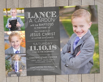 LDS Boy Baptism Invitation | Chalkboard Baptism Invite with Photos | Christian Baptism Announcement | First Holy Communion | Digital File