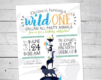 Wild One Birthday Party Invitation | Party Animals Invite | Zoo Animals Party Printable | Wild Animal 1st Birthday Party | Digital File