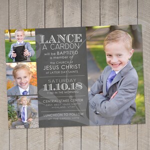 May include: A gray and white invitation card with a photo of a young boy in a suit. The text on the card reads "Lance A Cardon will be baptized a member of the Church of Jesus Christ of Latter Day Saints Saturday 11.10.18 11:00 in the morning Central Stake Center 5853 West 10400 North Highland, Utah Luncheon to follow at the Cardon home."