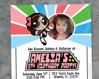 Powerpuff Party Invitation | Girls Birthday Party Invite | Power Girls Super Party | Custom Cartoon Birthday Girl with Photo | Digital File