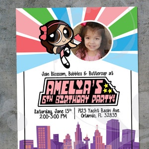 Powerpuff Party Uitnodiging | Meisjes Verjaardagsfeest uitnodiging | Power Girls Super Party | Aangepaste Cartoon Verjaardag Meisje met Foto | Digitaal bestand
