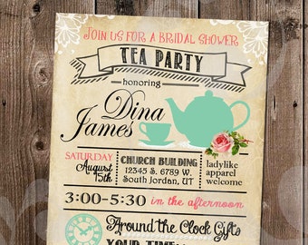 Tea Party Bridal Shower Invitation | Around the Clock Gifts Theme | Vintage Roses Rustic Invite | Antique Lace Ladies Brunch | Digital Files