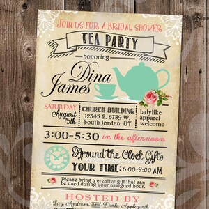 May include: Bridal shower invitation with a tea party theme. The design features a teal teapot and teacup, pink roses, and decorative scrollwork. The invitation includes event details such as the date, time, and location.